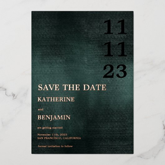 Modern Emerald Groen Zwart Bruiloft Save The Date Folie Uitnodiging (Voorkant)
