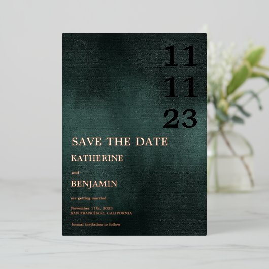 Modern Emerald Groen Zwart Bruiloft Save The Date Folie Uitnodiging (Staand Voorkant)