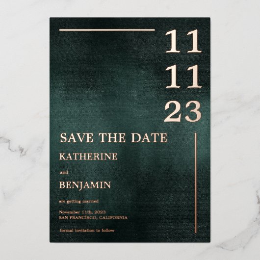 Modern Emerald Groen Zwart Bruiloft Save The Date Folie Uitnodiging (Voorkant)