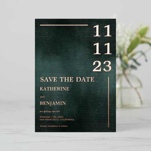 Modern Emerald Groen Zwart Bruiloft Save The Date Folie Uitnodiging (Staand Voorkant)