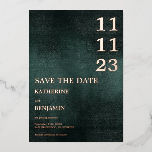 Modern Emerald Groen Zwart Bruiloft Save The Date Folie Uitnodiging (Voorkant)