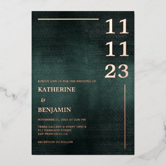 Modern Emerald Groen Zwart Elegant Bruiloft Folie Uitnodiging (Voorkant)