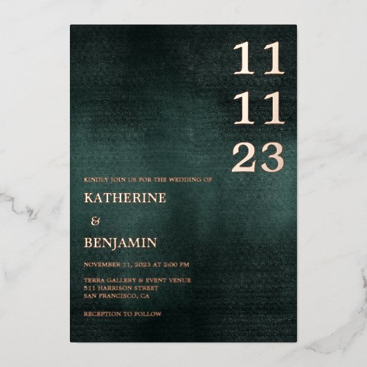 Modern Emerald Groen Zwart Elegant Bruiloft Folie Uitnodiging (Voorkant)