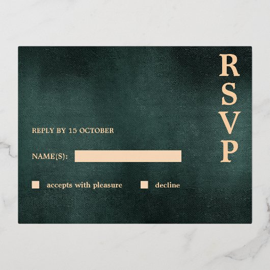 Modern Emerald Groen Zwart Elegant Bruiloft RSVP Folie Feestdagen Briefkaart (Achterkant)