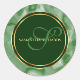 Modern Emerald Marmer en Goud Monogram Ronde Sticker
