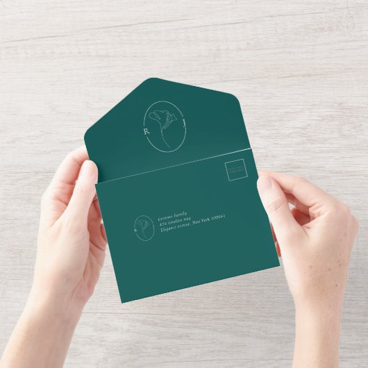 Modern Emerald Monogram Script Wedding All In One Uitnodiging (Opening)