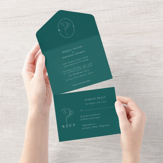 Modern Emerald Monogram  Script Wedding All In One Uitnodiging (Afscheurbaar)