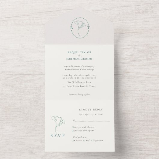 Modern Emerald Monogram  Script Wedding All In One Uitnodiging (Binnen)