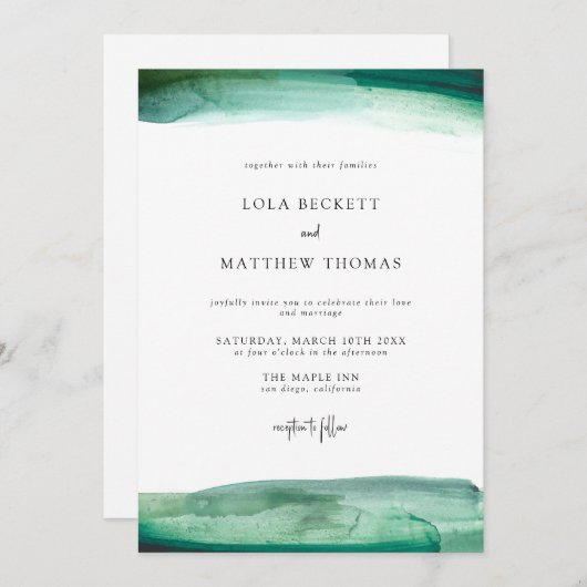 Modern Emerald Waterverf Wedding Invitation Kaart (Voorkant / Achterkant)