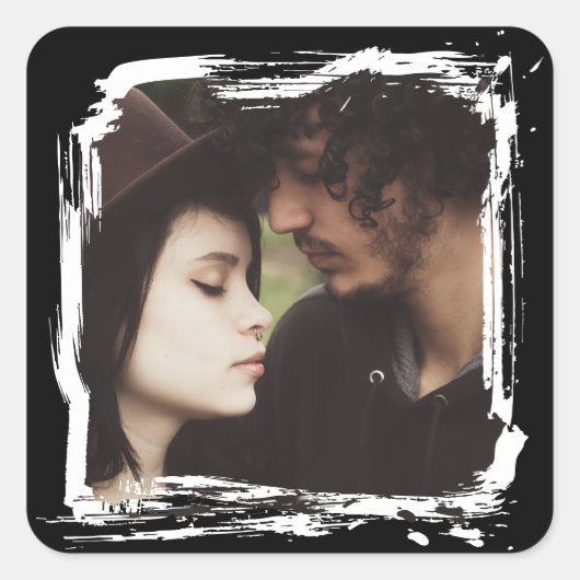 Modern en eenvoudig uniek fototemplate bruiloft vierkante sticker (Voorkant)
