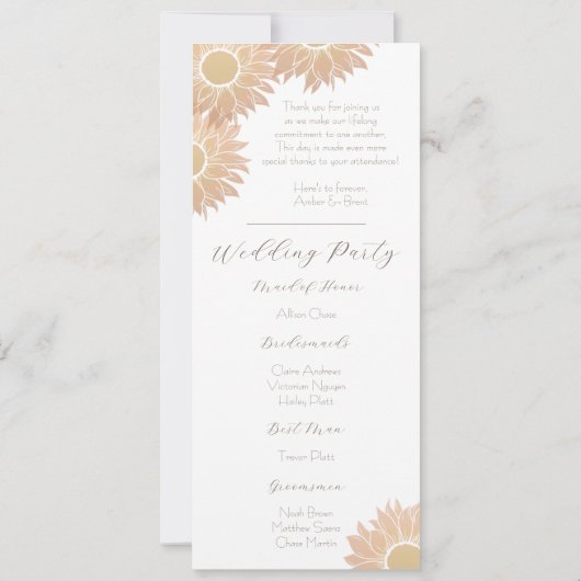 Modern en eenvoudig zonnebloem bruiloft programma (Achterkant)