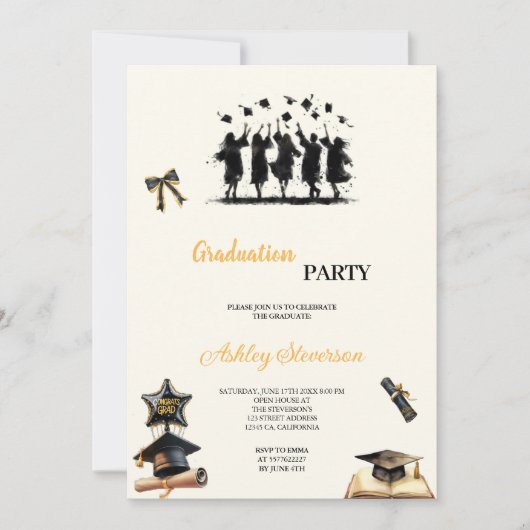 MODERN EN ELEGANT GOUD EN ZWART AFSTUDEERFEEST KAART (Voorkant)