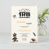 MODERN EN ELEGANT GOUD EN ZWART AFSTUDEERFEEST KAART (Staand voorkant)