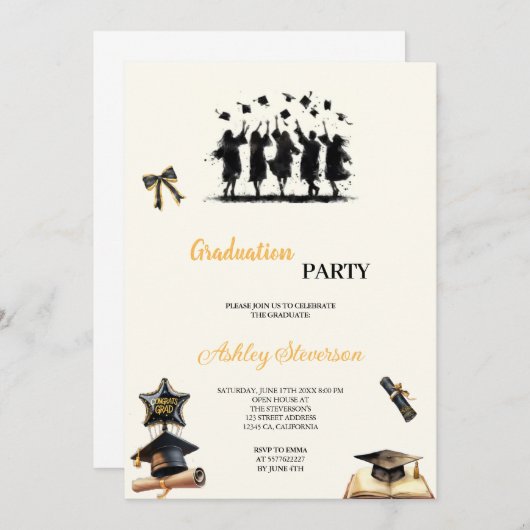 MODERN EN ELEGANT GOUD EN ZWART AFSTUDEERFEEST KAART (Voorkant / Achterkant)