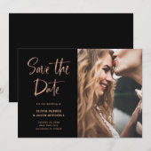 Modern en elegant Roos Gold en zwart | Foto Save The Date (Voorkant / Achterkant)