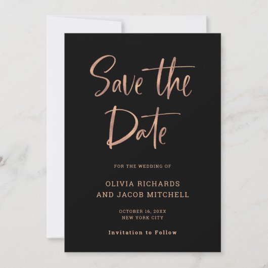Modern en Elegant | Roos Gold en zwarte bruiloft Save The Date (Voorkant)
