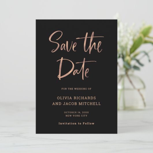 Modern en Elegant | Roos Gold en zwarte bruiloft Save The Date (Staand voorkant)