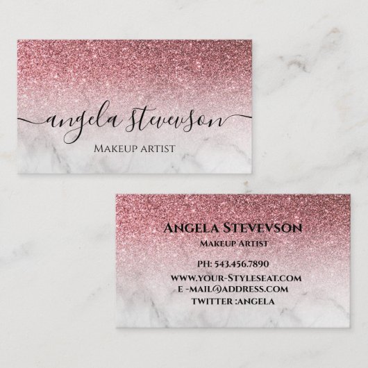 modern en elegant roos goud glitter marmer visitekaartje (Voorkant / Achterkant)