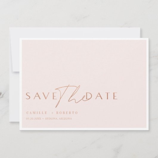 Modern en elegant roze en Roos zwart-wit script Save The Date (Voorkant)