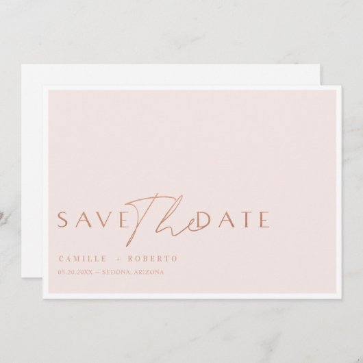 Modern en elegant roze en Roos zwart-wit script Save The Date (Voorkant / Achterkant)