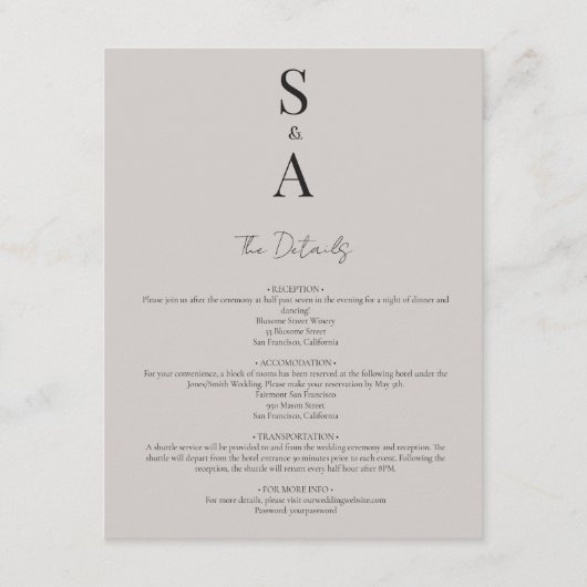 Modern en Elegant Script en Monogram Bruiloft Informatiekaartje (Voorkant)