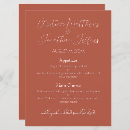 Modern en Elegant Terracotta Wedding Dinner Menu (Voorkant / Achterkant)