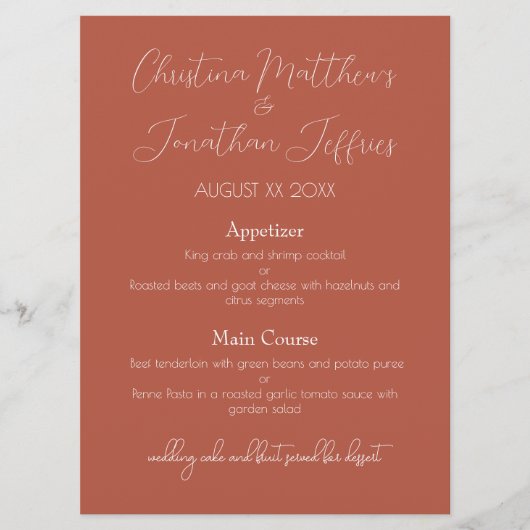 Modern en Elegant Terracotta Wedding Dinner Menu (Voorkant)