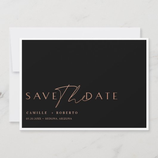 Modern en elegant zwart-Roos, zwart-witscript Save The Date (Voorkant)