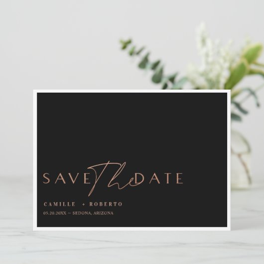 Modern en elegant zwart-Roos, zwart-witscript Save The Date (Staand voorkant)