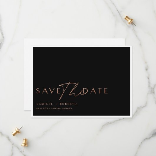 Modern en elegant zwart-Roos, zwart-witscript Save The Date (Voorkant / Achterkant in situ)
