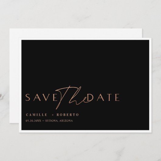 Modern en elegant zwart-Roos, zwart-witscript Save The Date (Voorkant / Achterkant)