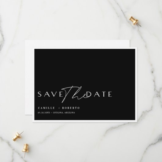 Modern en elegant zwart-witscript save the date (Voorkant / Achterkant in situ)
