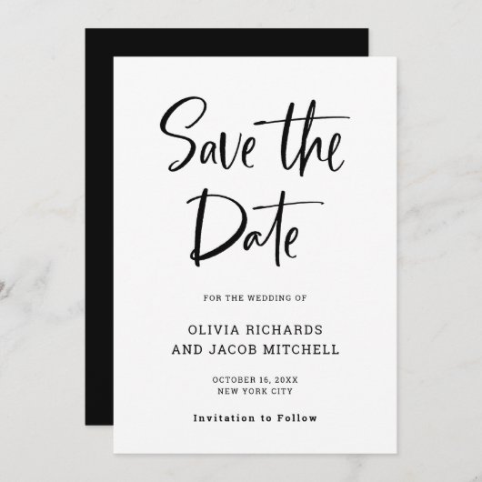 Modern en Elegant | Zwarte en witte bruiloft Save The Date (Voorkant / Achterkant)