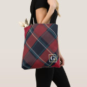 Modern en klassiek rood en blauw geplakt monogram tote bag (Dichtbij)