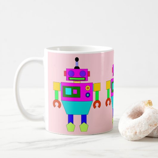 MODERN- EN KLORFUELPIJN EN BLAUWE ROBOTILLUSTRATIE TWEEKLEURIGE KOFFIEMOK (Met donut)