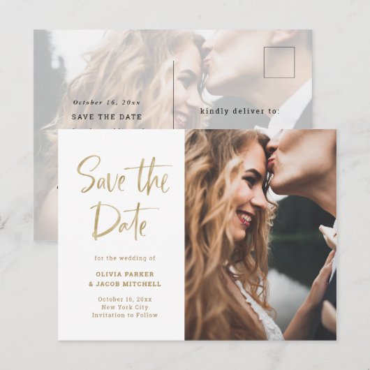 Modern en legant Gold | De foto bewaart de Datum Aankondigingskaart (Voorkant / Achterkant)