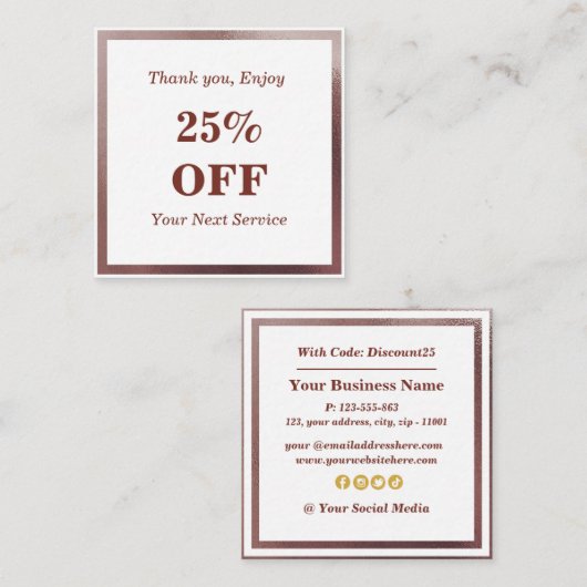 Modern en stijlvol Roos Gold Foil Korting Kaart Vierkante Visitekaartje (Voorkant / Achterkant)