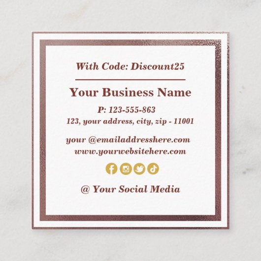 Modern en stijlvol Roos Gold Foil Korting Kaart Vierkante Visitekaartje (Achterkant)