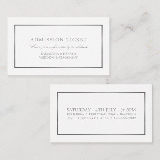 Modern en stijlvol, wit en zilver, toelatingsticke informatiekaartje (Voorkant / Achterkant)