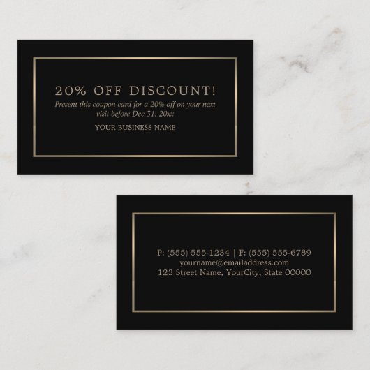Modern en strak, zwart en goud, kortingsbon kortingskaartje (Voorkant / Achterkant)