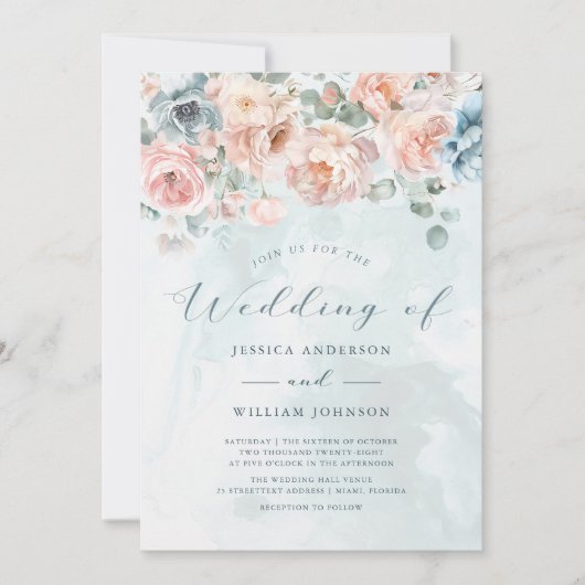 Modern en trendy blauw Roos bruiloft Kaart (Voorkant)