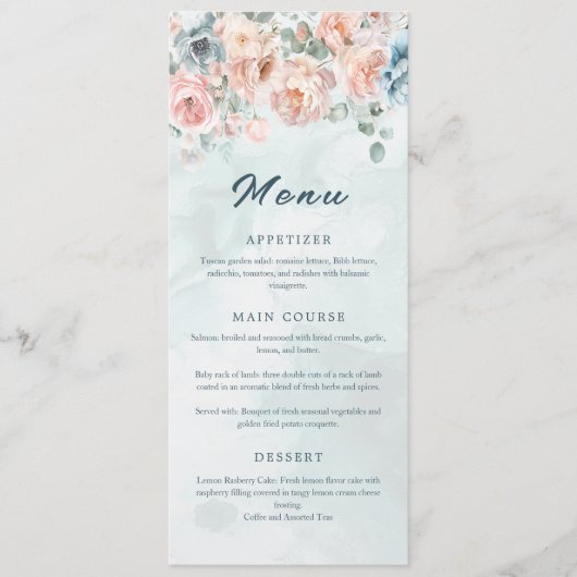 Modern en trendy blauw Roos bruiloft Menu (Voorkant)