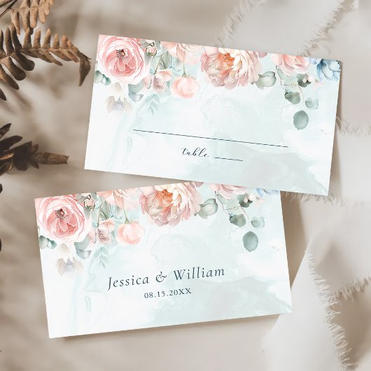 Modern en trendy blauw Roos bruiloft Plaatskaartje