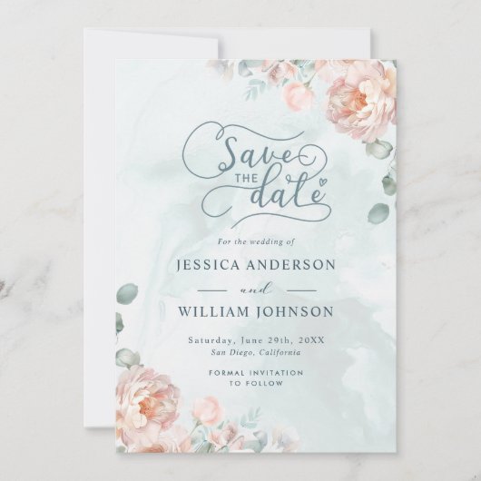 Modern en trendy blauw Roos bruiloft Save The Date (Voorkant)