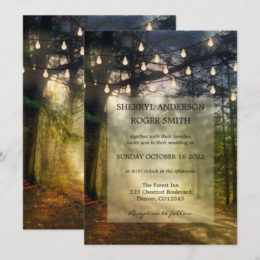 Modern Enchanted Forest String Lights Wedding Kaart (Voorkant / Achterkant)