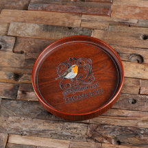 Modern Engraved Robin Round Wooden Serving Tray