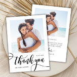 Modern enorm grillig script 2 foto bruiloft bedankkaart<br><div class="desc">Moderne grillige Boho kalligrafie script 2 foto bruiloft dank u kaart. Chique stijlvolle bruiloft dank u sjabloon met een volledige verticale foto op de voorkant met de tekst "Thank You" in een grillige wervelende hand belettering typografie swash tail brush lettertype script in zwart-wit. Aan de achterkant pre-made dank u bericht...</div>