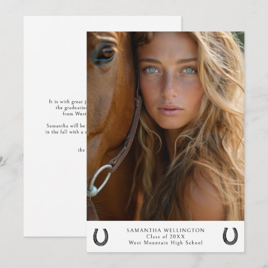 Modern Equestrian Hoefijzer Foto Afstuderen Aankondiging (Voorkant / Achterkant)
