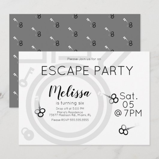Modern Escape Room Birthday Party Grey Invitation Kaart (Voorkant / Achterkant)