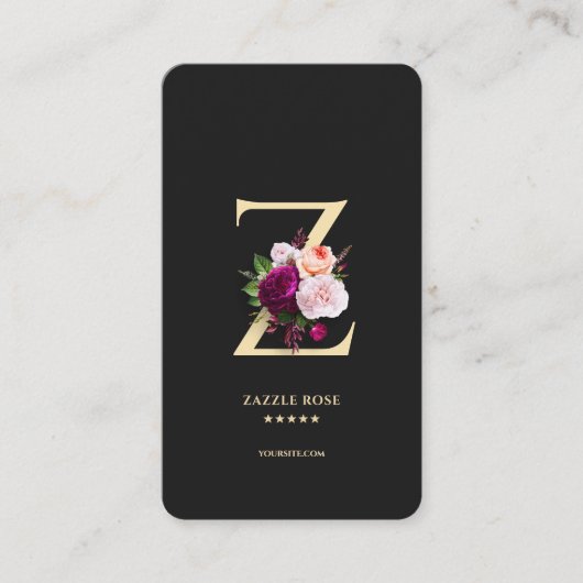 Modern Esthetisch Monogram Z Bloemen Zwart Goud Visitekaartje (Voorkant)